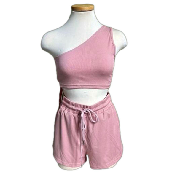 Pink One Shoulder Crop Top and Shorts Set - Picture 2 of 10